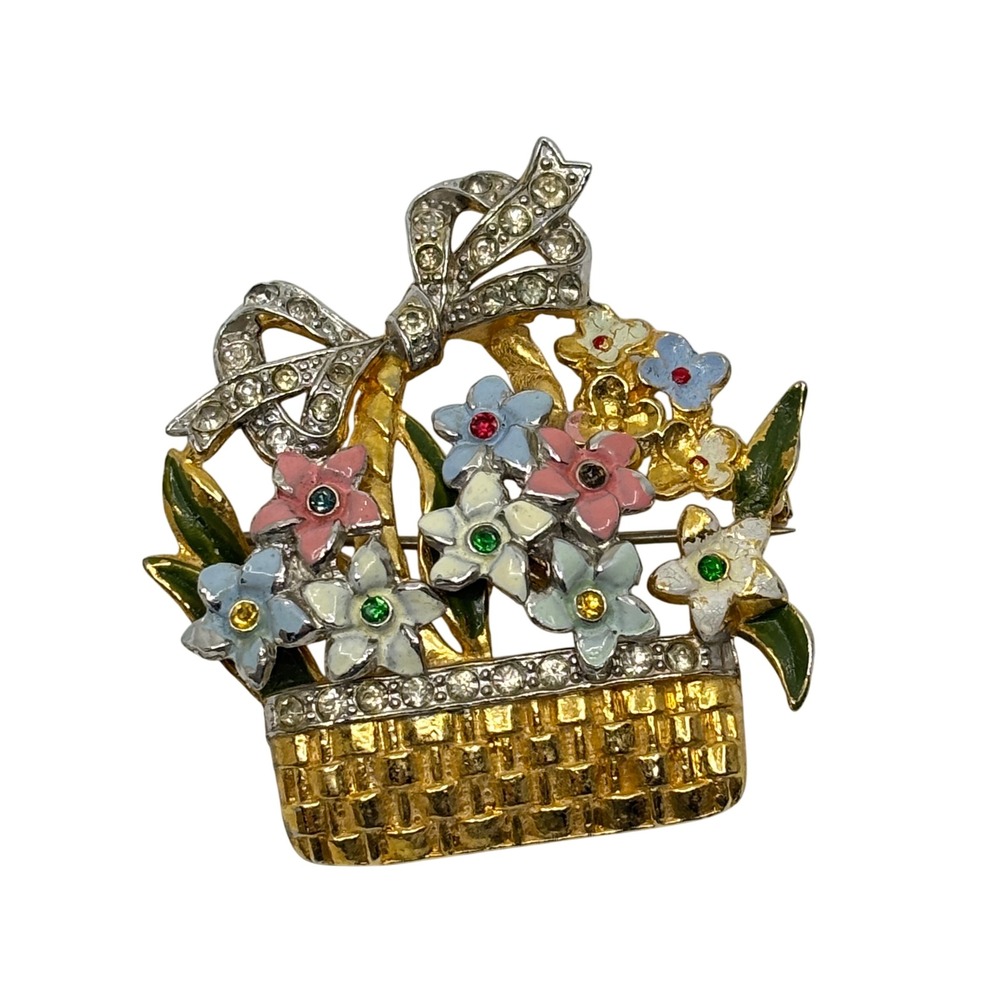 Vintage Flower Basket Brooch Enamel Rhinestone Pastel Floral Gold Silver Tone